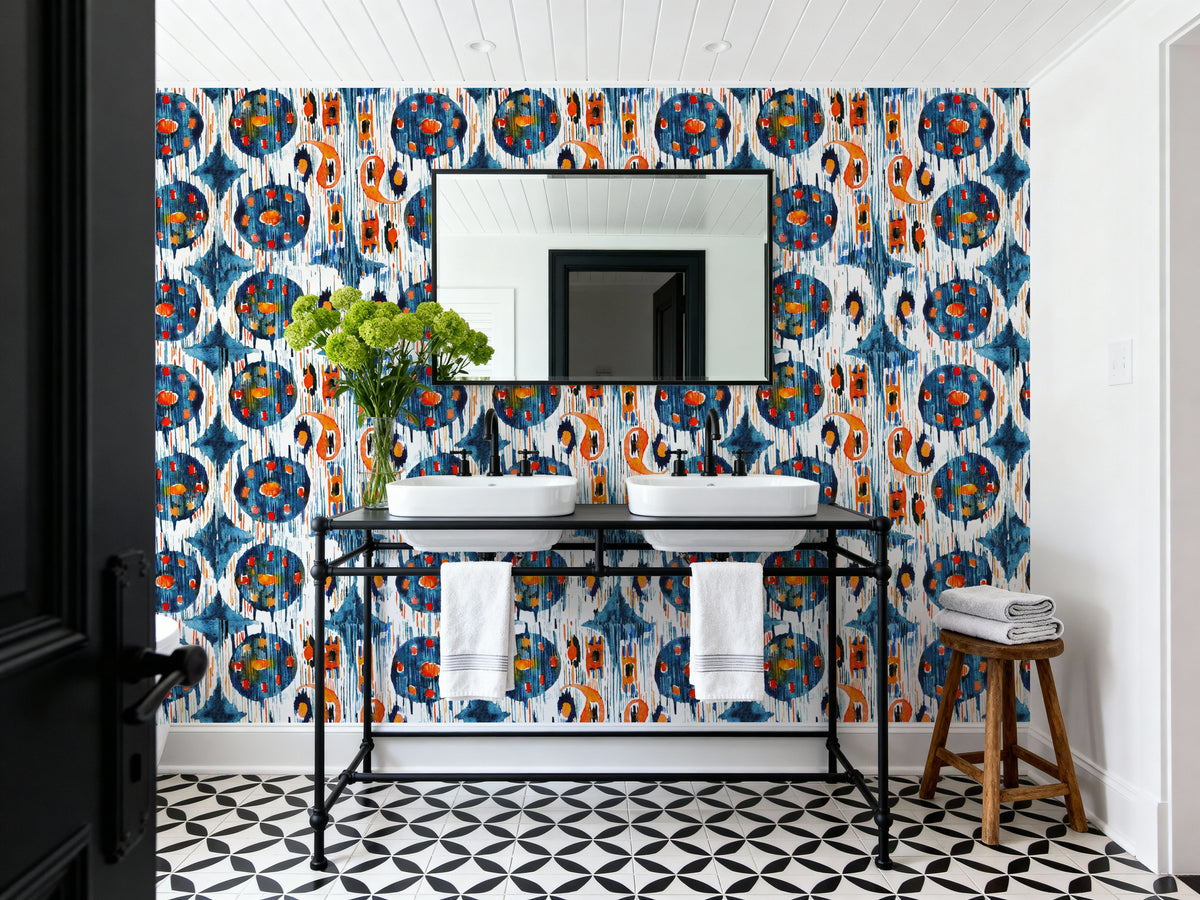 Blue Circle Ikat Mural Wallpaper - room preview 02