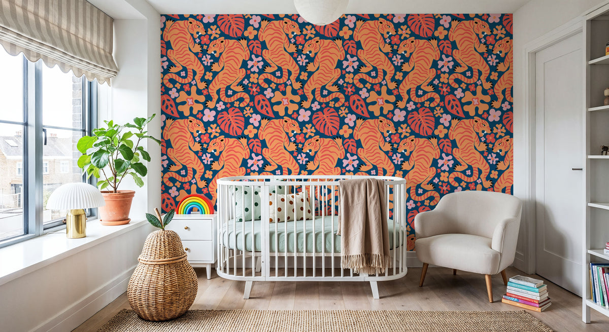 Otomi Cool Tigers, Orange & Navy Mural Wallpaper - room preview 02