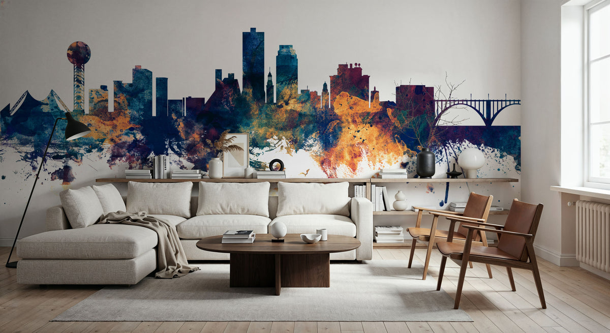 Knoxville Tennessee Skyline Blue & Bronze Mural Wallpaper - room preview 02