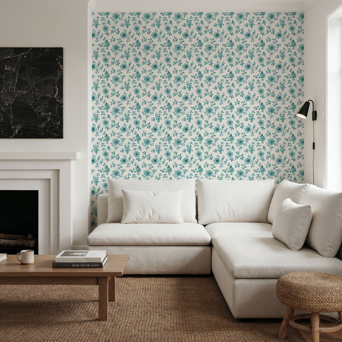 Country Flowery Turqouise Inverse Mural Wallpaper - room preview 02