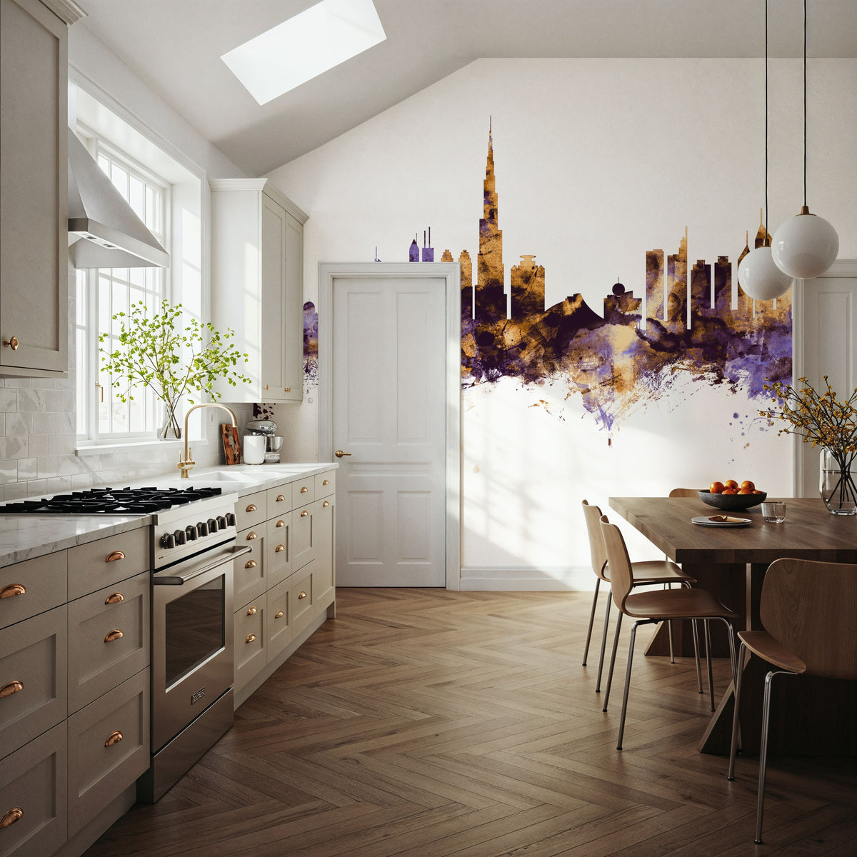 Dubai Skyline Purple & Gold Mural Wallpaper - room preview 02