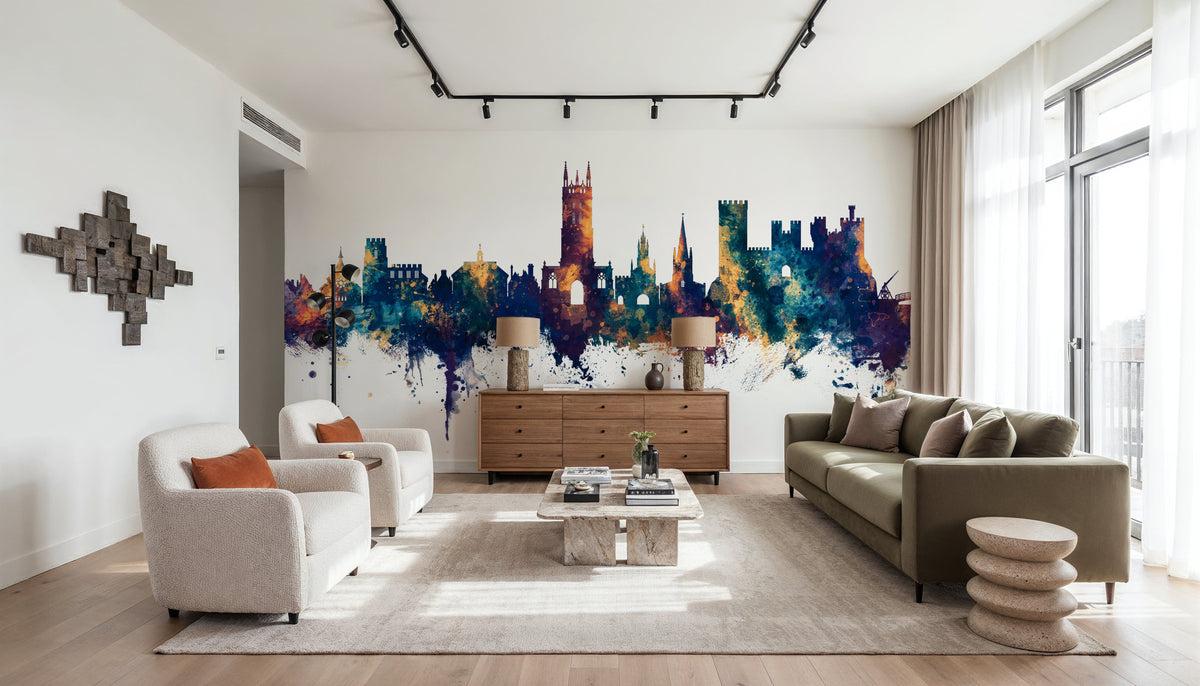 Warwick England Skyline Blue & Bronze Mural Wallpaper - room preview 02