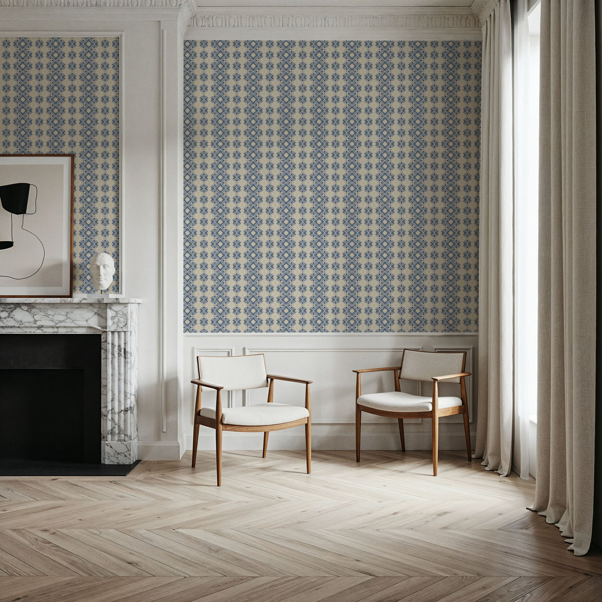 Nara Indigo Embroidery Mural Wallpaper - room preview 02