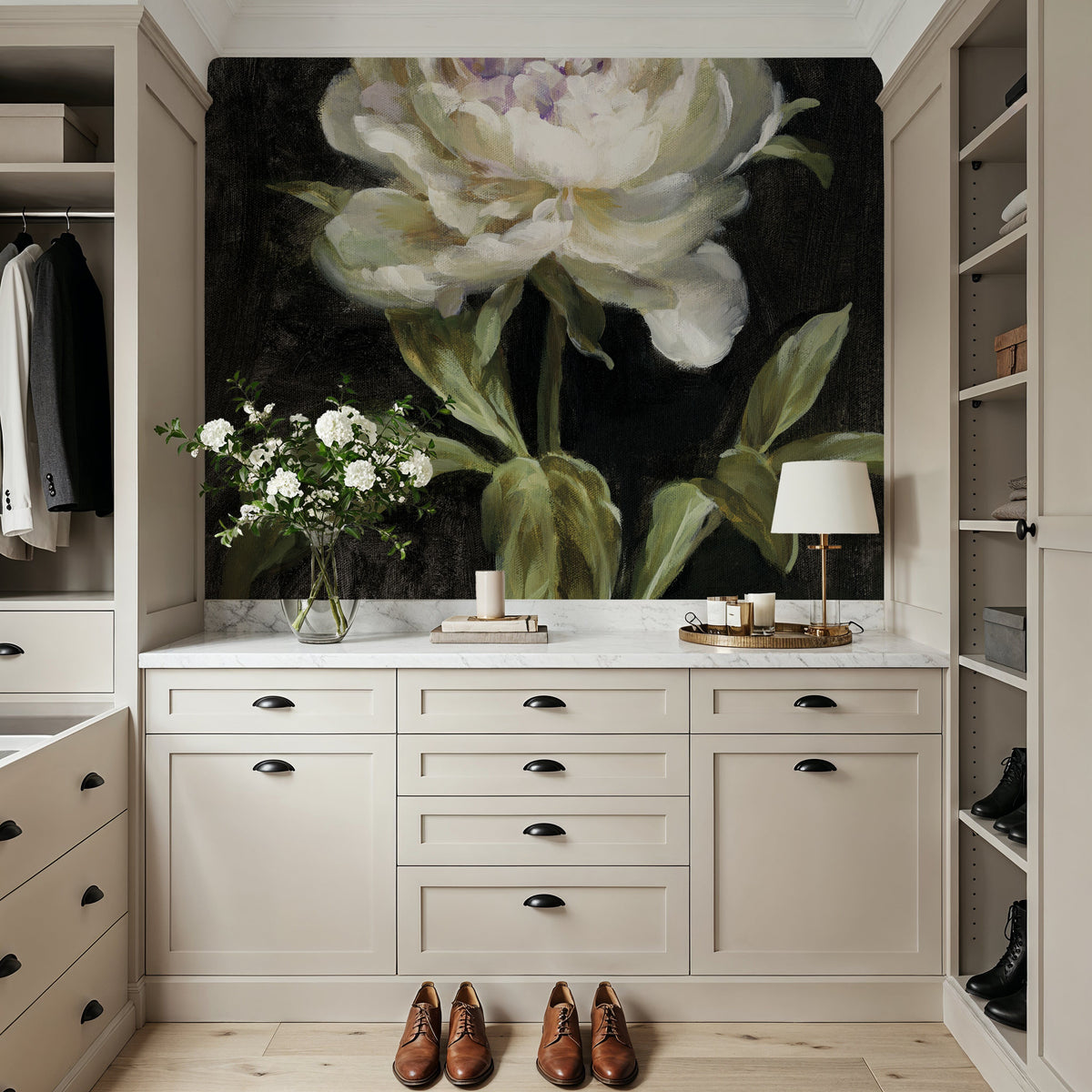 Peony on Black Mural Wallpaper - Neutral Tone - room preview 02