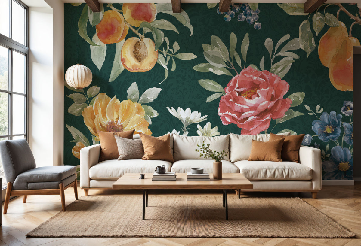 Floral Solitude Green Mural Wallpaper - room preview 02