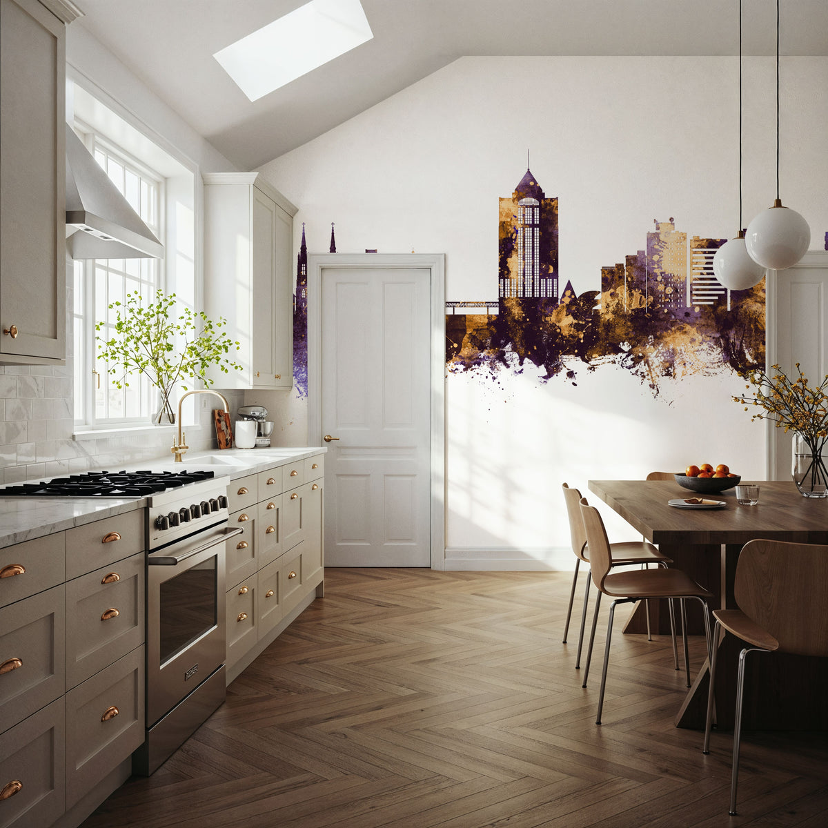 Roanoke Virginia Skyline Purple & Gold Mural Wallpaper - room preview 02