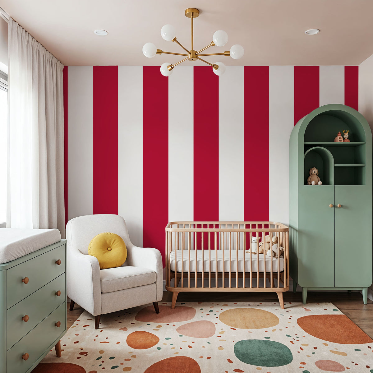 Scalloped Circus Stripes, Red Mural Wallpaper - room preview 02