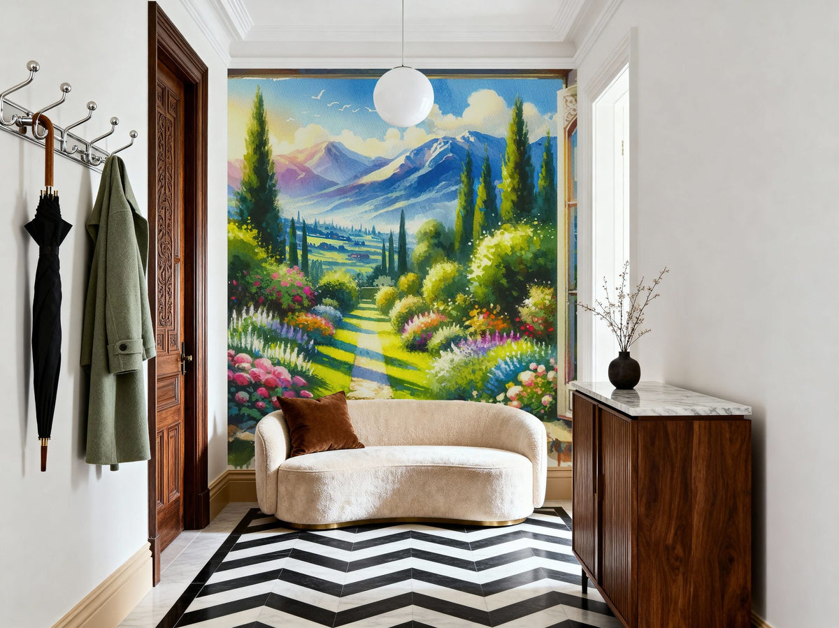 Mountain View Through Open Window Mural Wallpaper - room preview 02