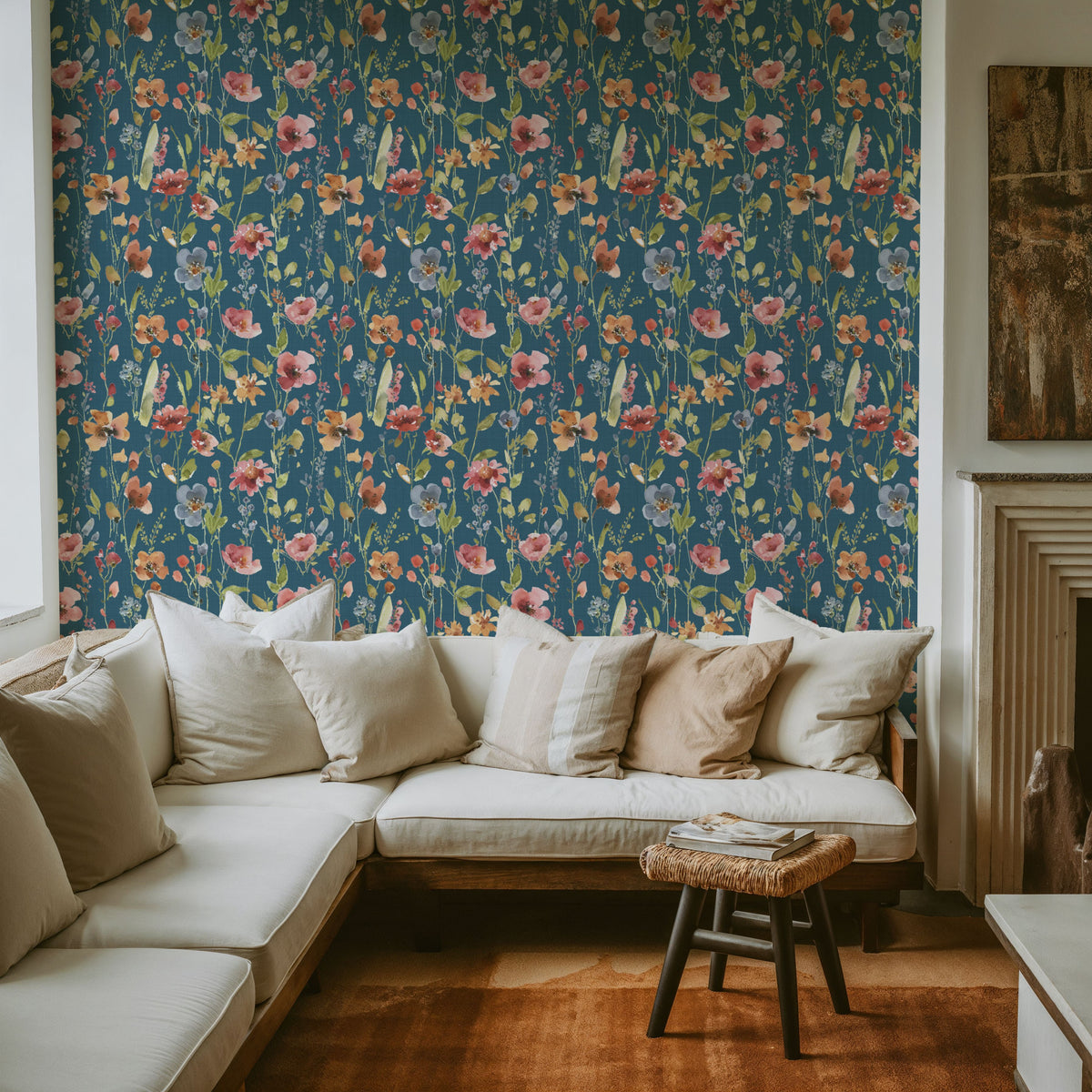 Time to Share Flowers Blue Mural Wallpaper - room preview 02