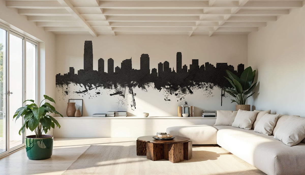 Jersey City New York Skyline Black & White Mural Wallpaper - room preview 02