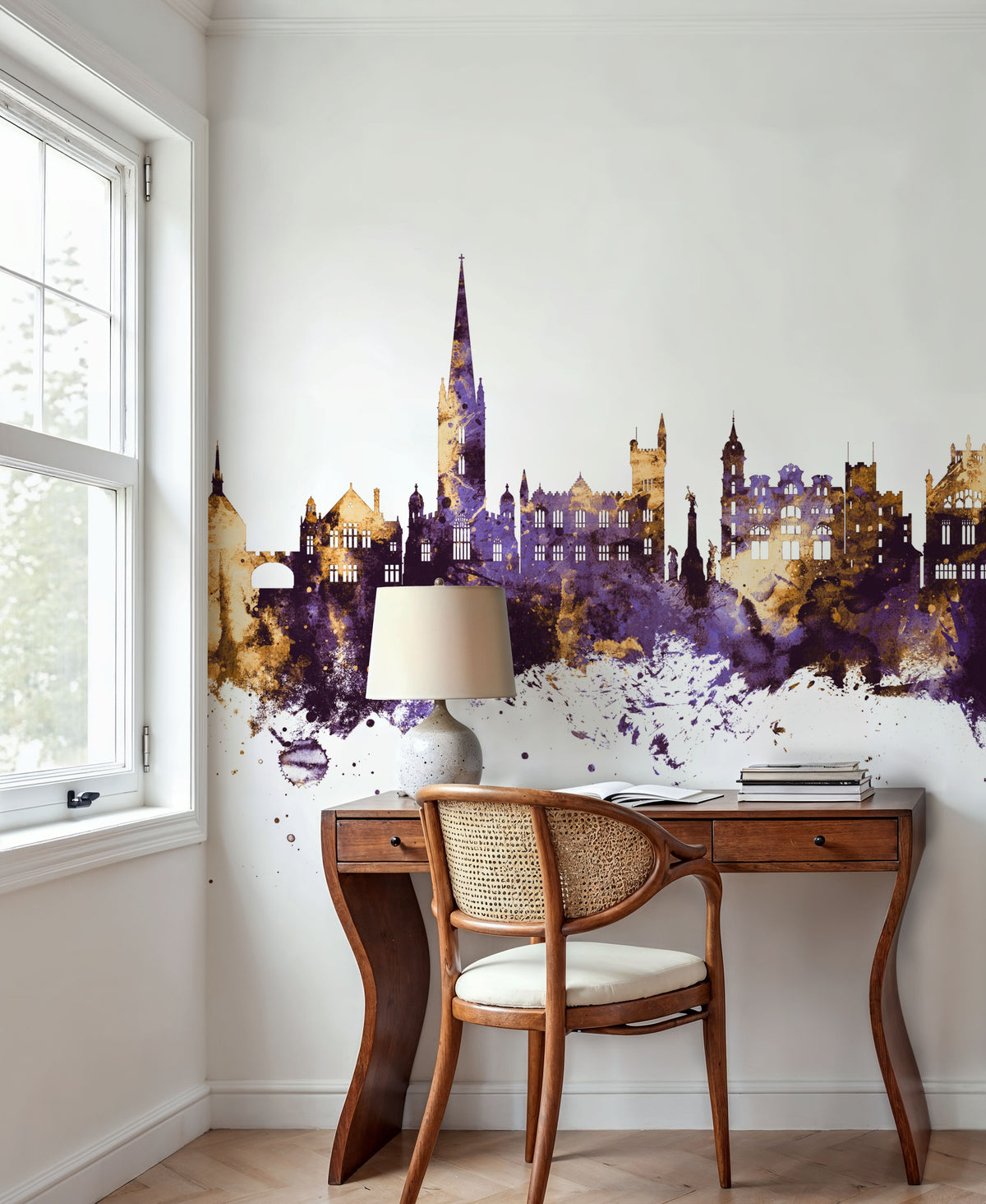 Derry Northern Ireland Skyline Purple & Gold Mural Wallpaper - room preview 02