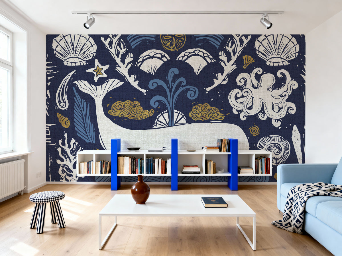 Whale Seas Blue Mural Wallpaper - room preview 02