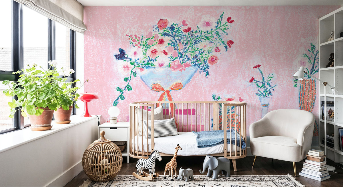 Flower Vases and Books Pink Mural Wallpaper - room preview 02