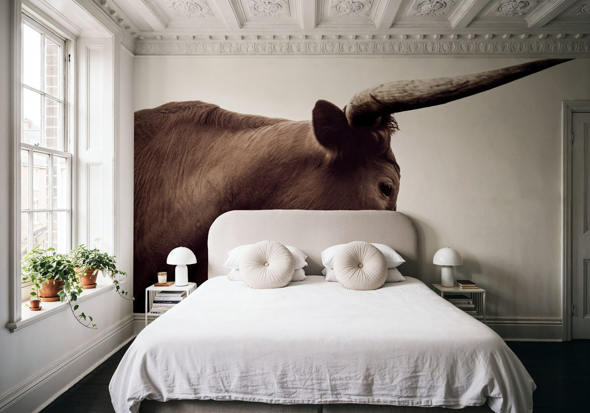 Longhorn Sunset Graze Sepia Mural Wallpaper - room preview 02
