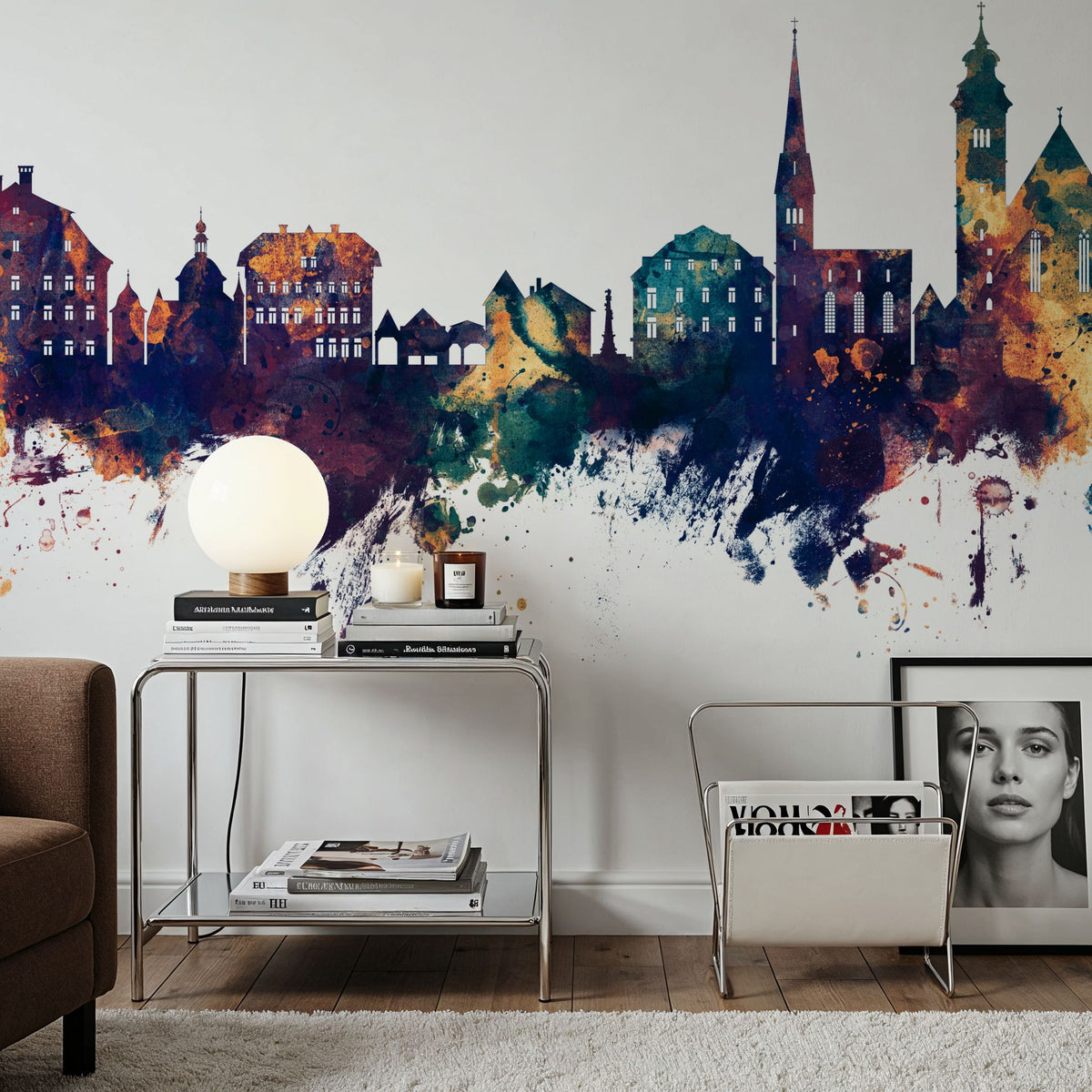 Hallstatt Austria Skyline Blue & Bronze Mural Wallpaper - room preview 02