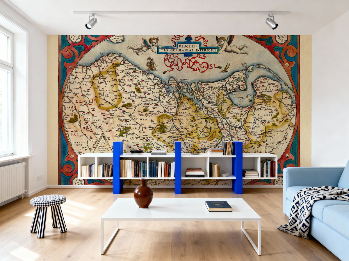 Old Map of Belgium, Netherlands and Germany, 1570 Mural Wallpaper - room preview 02