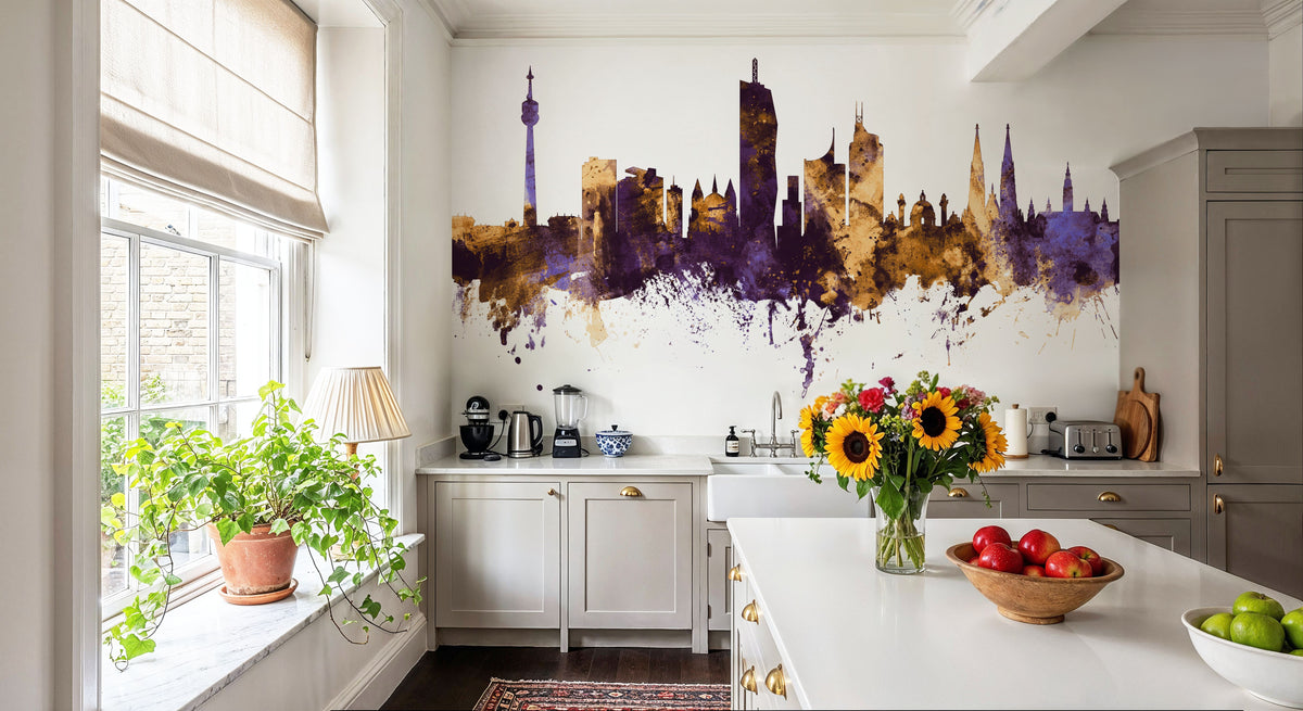 Vienna Austria Skyline Purple & Gold Mural Wallpaper - room preview 02