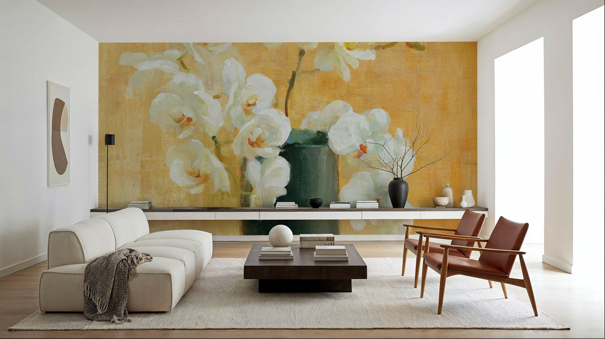 White Orchids in Black Vase Mural Wallpaper - room preview 02
