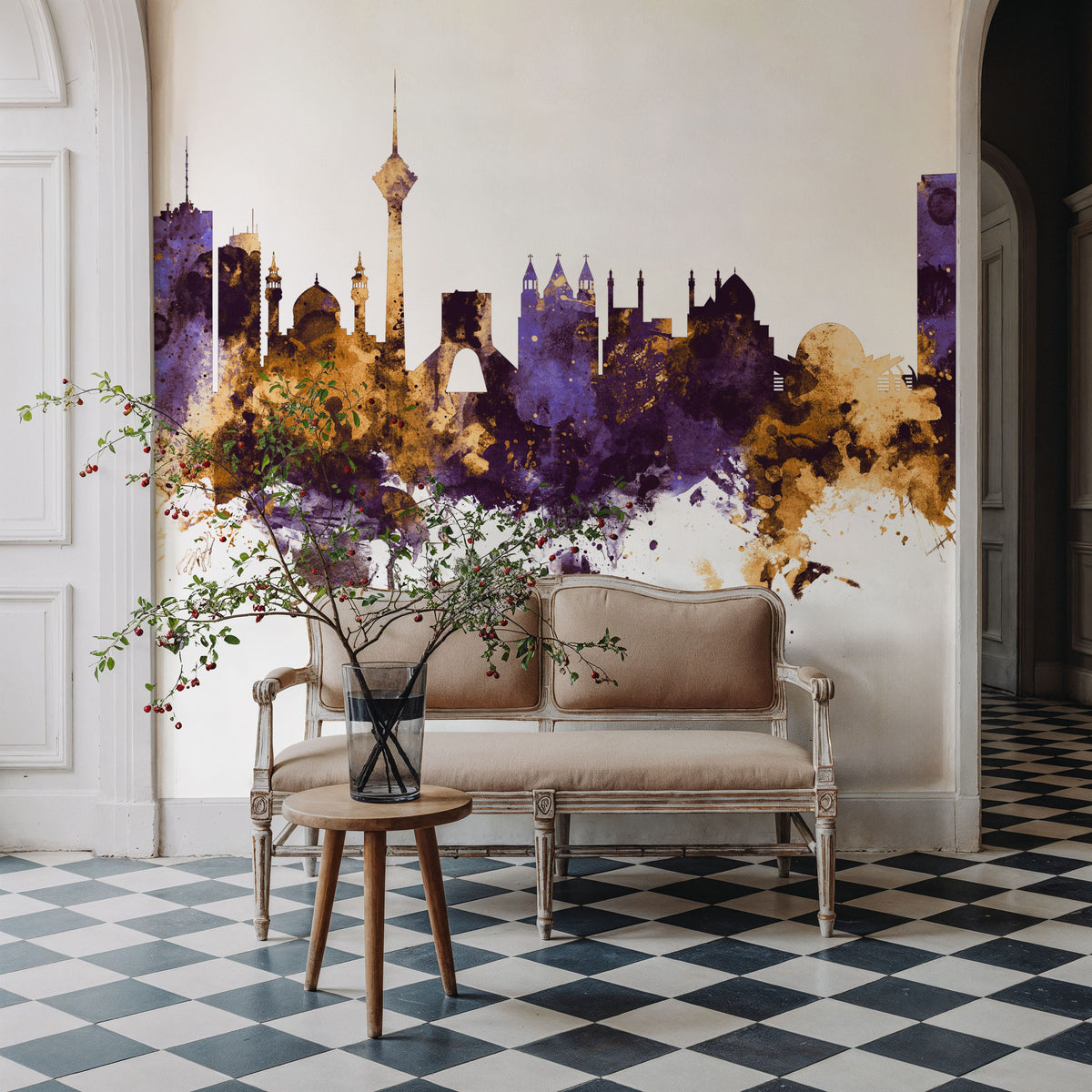 Tehran Iran Skyline Purple & Gold Mural Wallpaper - room preview 02