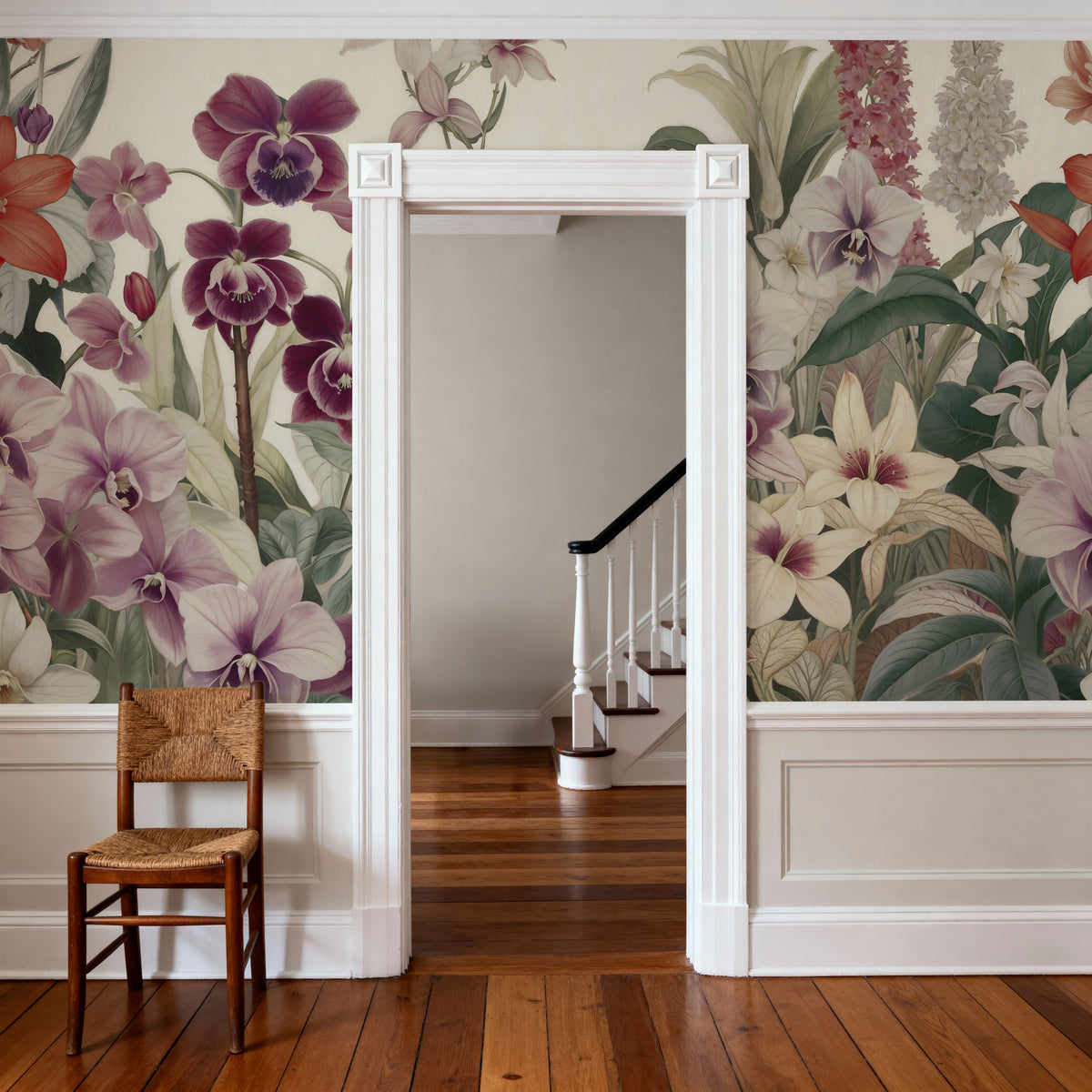 The Tenderness of Orchids, Burgundy Mural Wallpaper - room preview 02