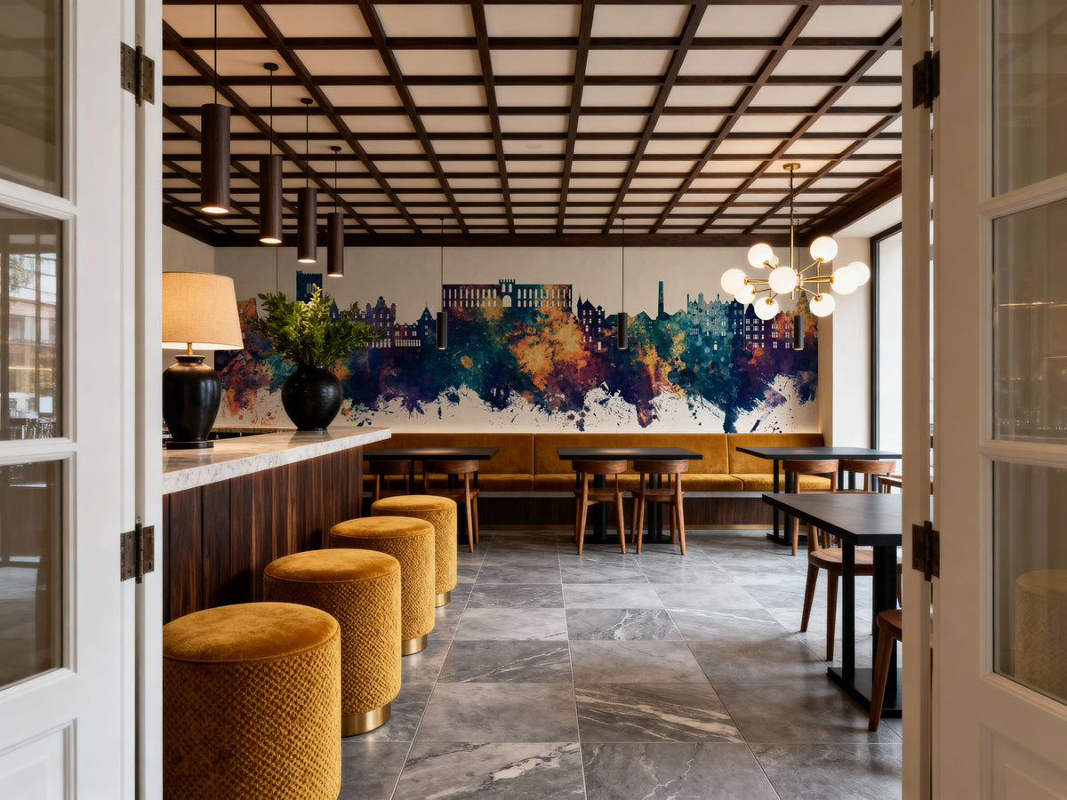 Oban Scotland Skyline Blue & Bronze Mural Wallpaper - room preview 02