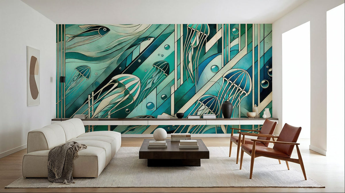 Oceanic Serenade Scene in Art Deco Mural Wallpaper - room preview 02