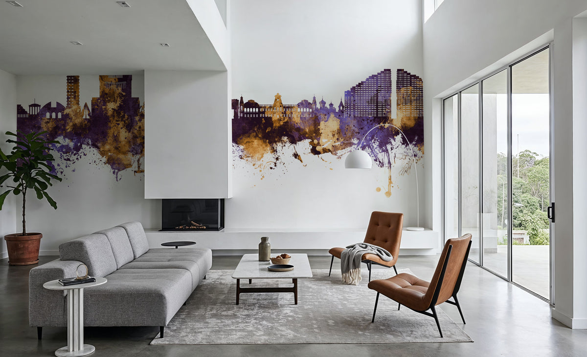 Chisinau Moldova Skyline Purple & Gold Mural Wallpaper - room preview 02