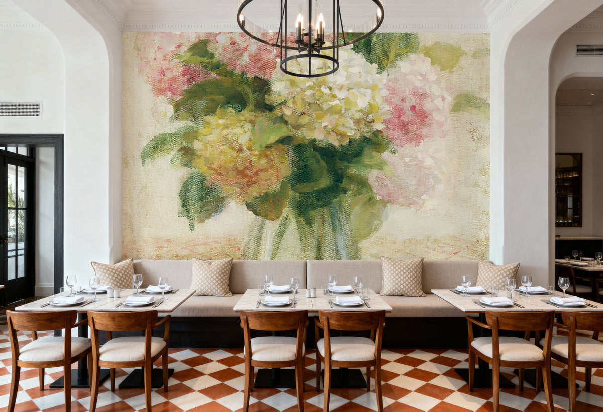 Cottage Hydrangeas in Pink Mural Wallpaper - room preview 02