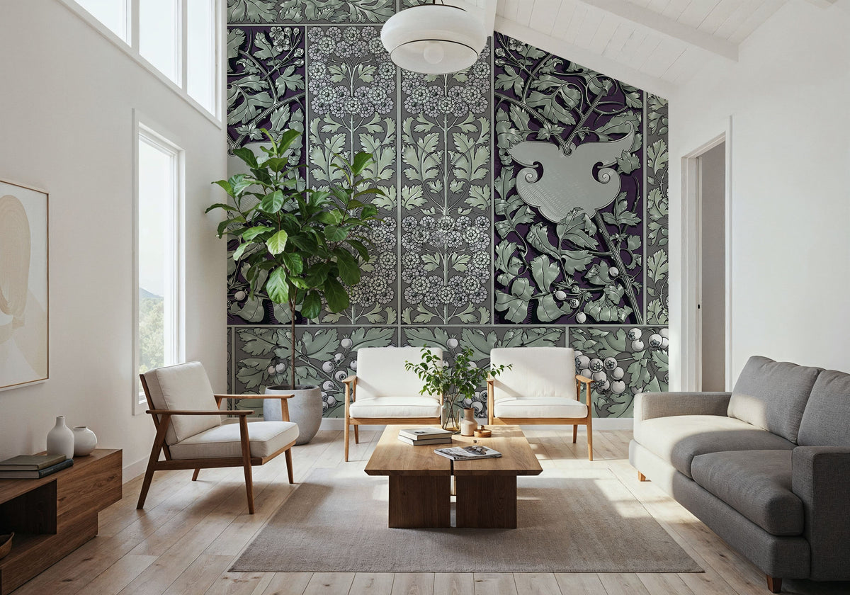 Flowers and Berries Green Mural Wallpaper - room preview 02