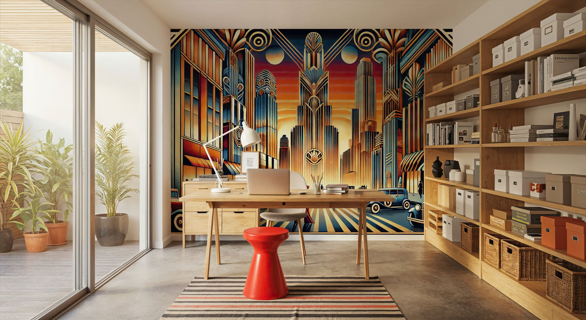 Elegant Art Deco Cityscape Mural Wallpaper - room preview 02