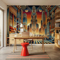 Elegant Art Deco Cityscape Mural Wallpaper - room preview 02