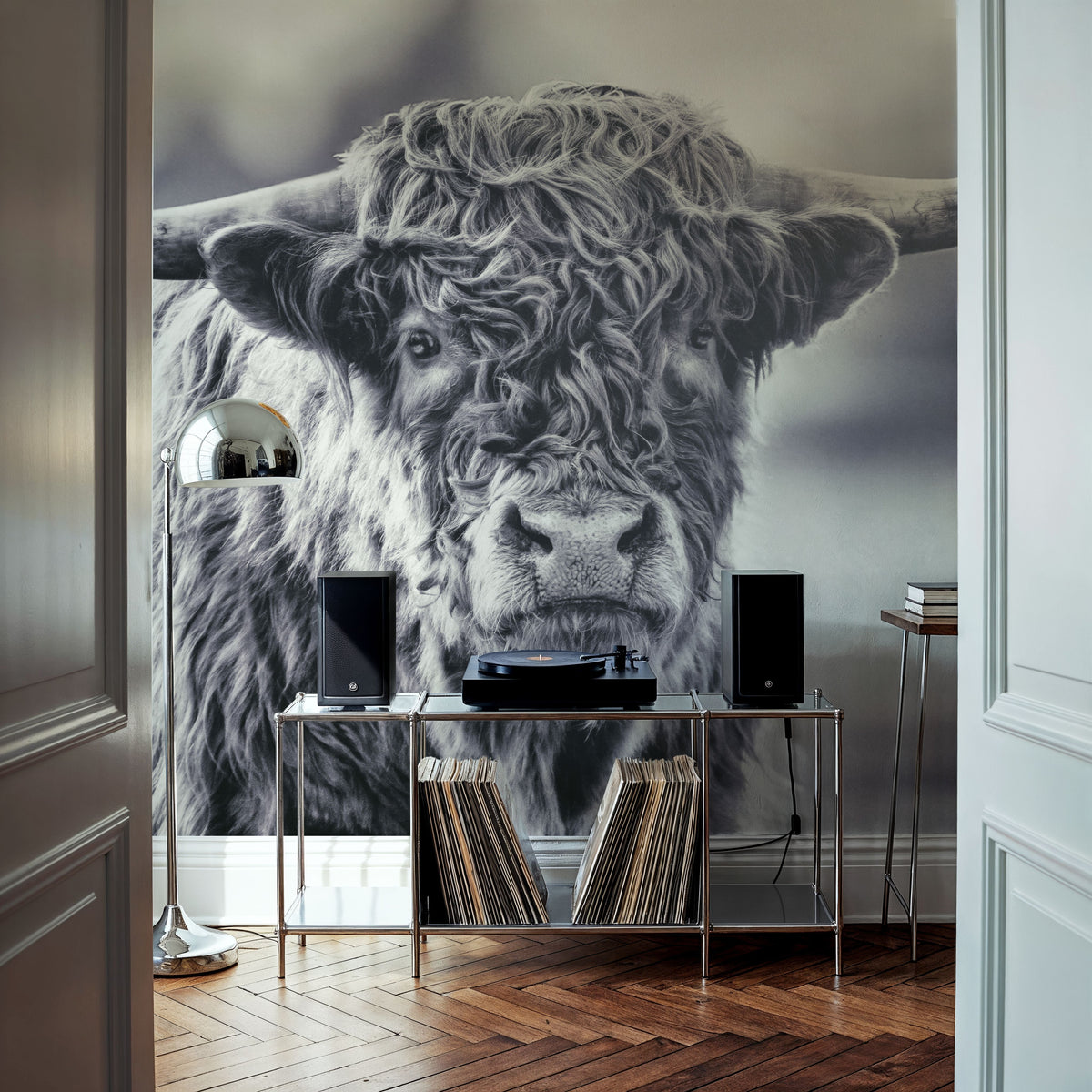 Highland Cow Pastures II Mural Wallpaper - Neutral Tone - room preview 02