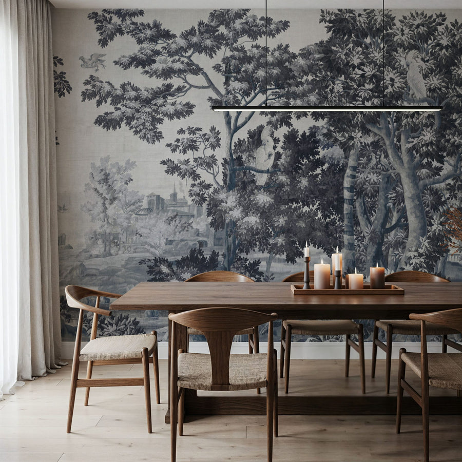 Forest Wallpaper Mural – Woodland Wall Mural – Enchanted Grove Tapestry, Blues