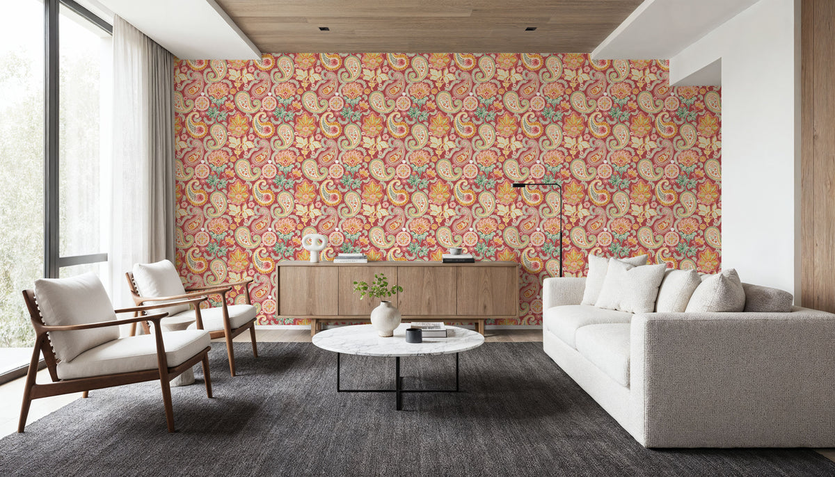 Harvest Paisley Mini Red Mural Wallpaper - room preview 02