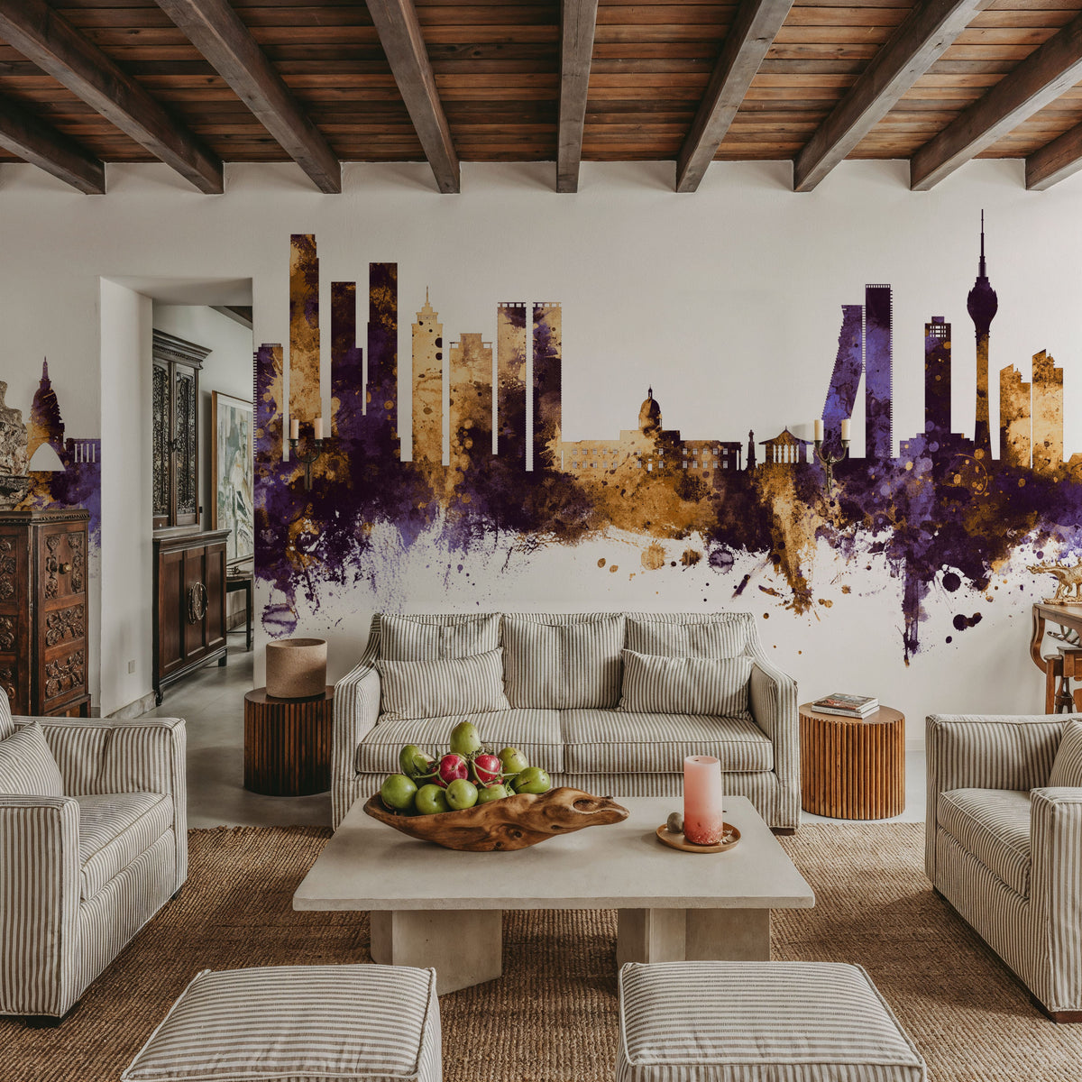 Colombo Sri Lanka Skyline Purple & Gold Mural Wallpaper - room preview 02