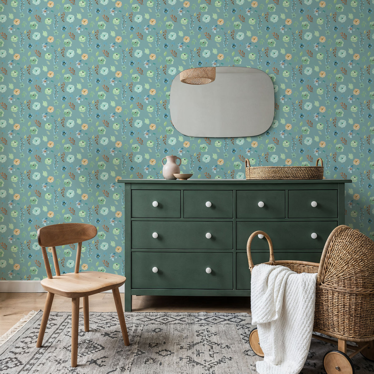 Flutterby Flowers Blue Mural Wallpaper - room preview 02