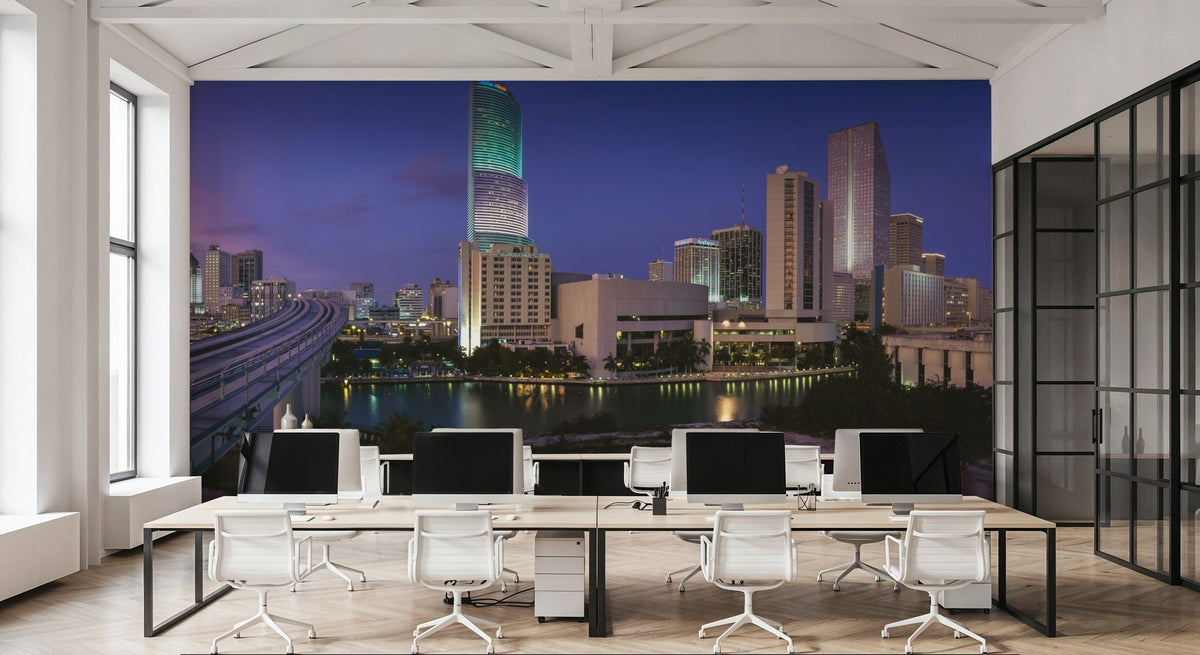 Sunset Blue Twilight Metropolis Mural Wallpaper - room preview 02
