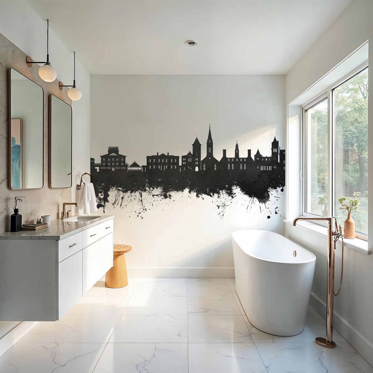 New Bern North Carolina Skyline Black & White Mural Wallpaper - room preview 02