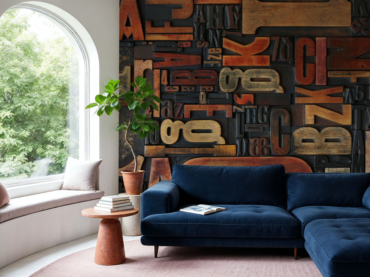 Letterpress Wood Mural Wallpaper - room preview 02