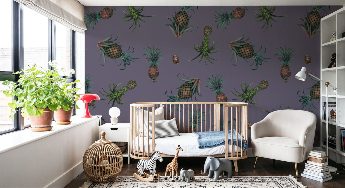 Falling Pineapples, Lilac Mural Wallpaper - room preview 02