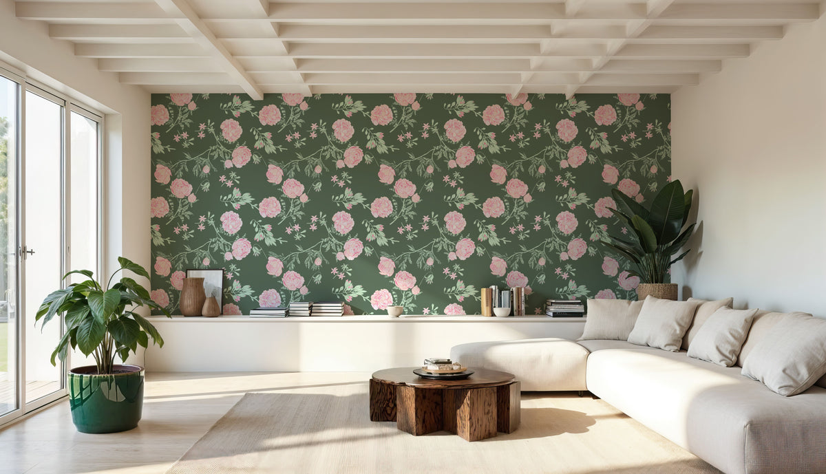 Peony Passion, Green Mural Wallpaper - room preview 02