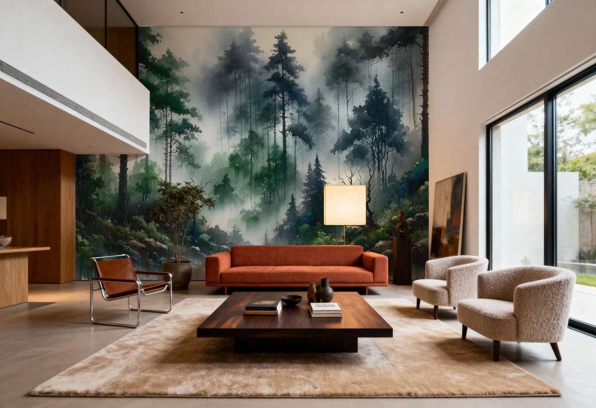 Foggy Lush Forest with Dense Trees Mural Wallpaper - room preview 02