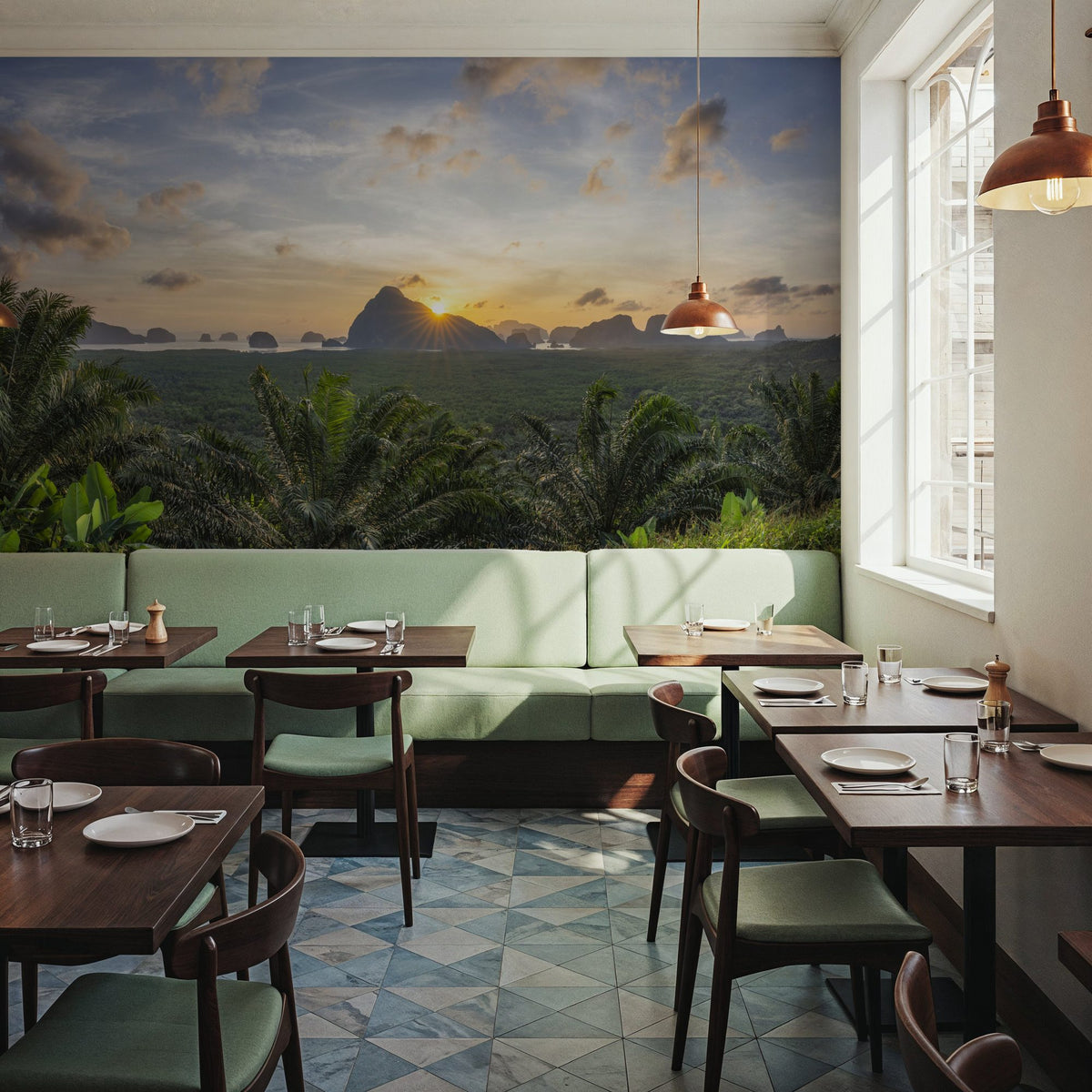 Tropical Sunset Vista Mural Wallpaper - Neutral Tone - room preview 02