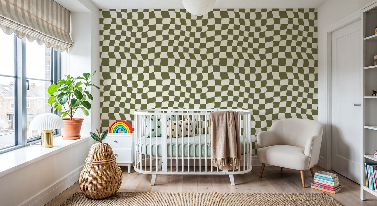Warped Checkerboard, Olive Mural Wallpaper - room preview 02