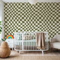 Warped Checkerboard, Olive Mural Wallpaper - room preview 02
