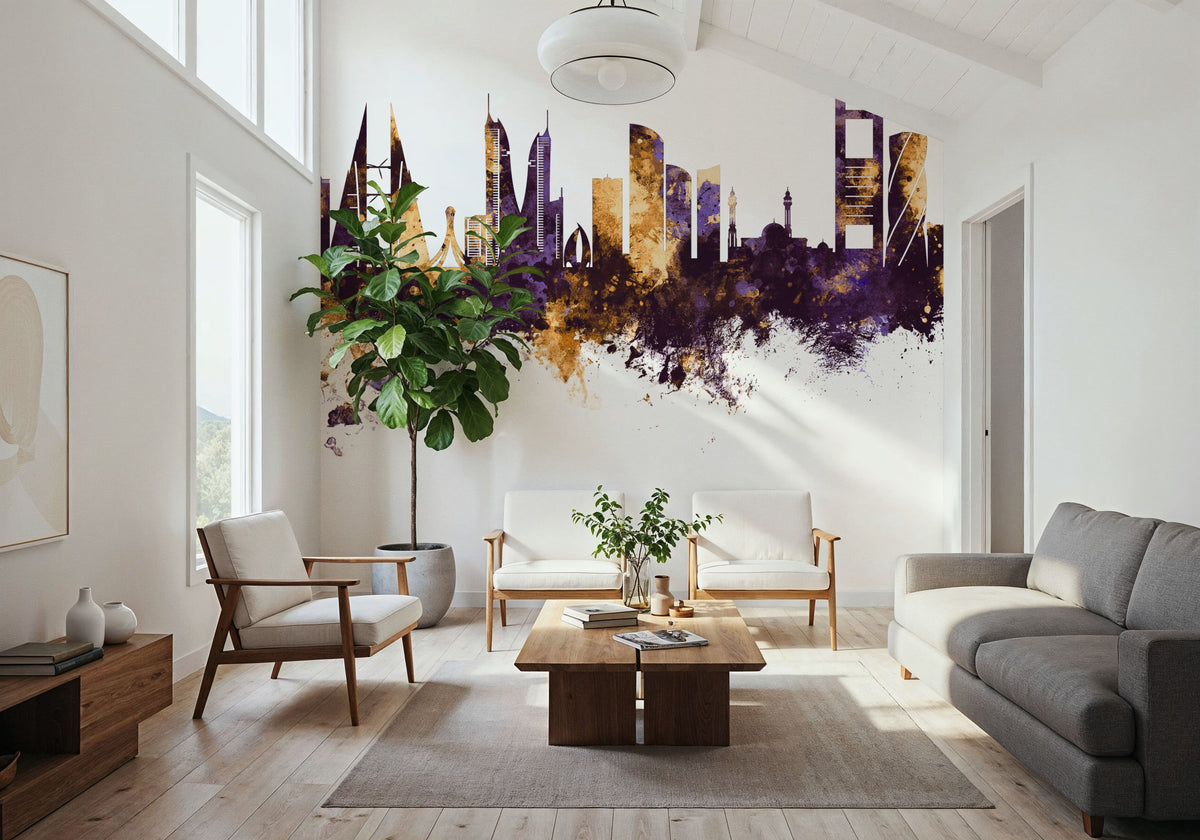 Manama Skyline Purple & Gold Mural Wallpaper - room preview 02