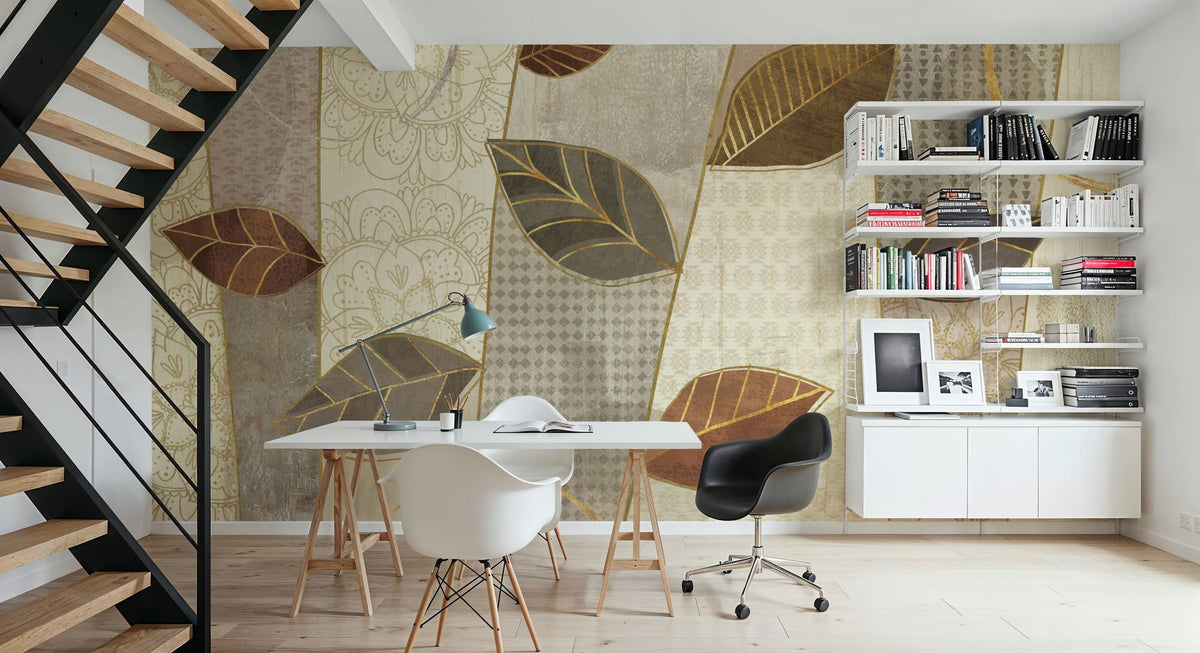 Bohemian Leaves I Neutral Mural Wallpaper - room preview 02