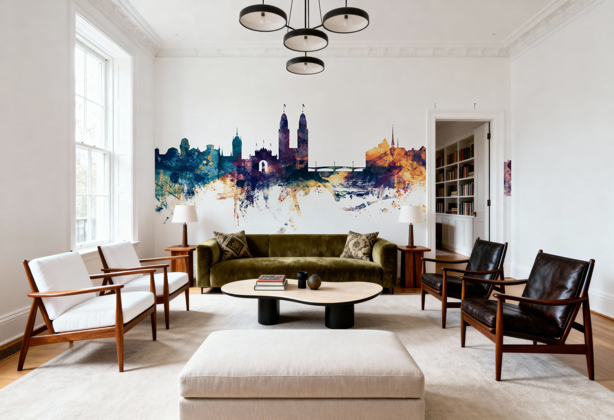 Zurich Switzerland Skyline Blue & Bronze Mural Wallpaper - room preview 02