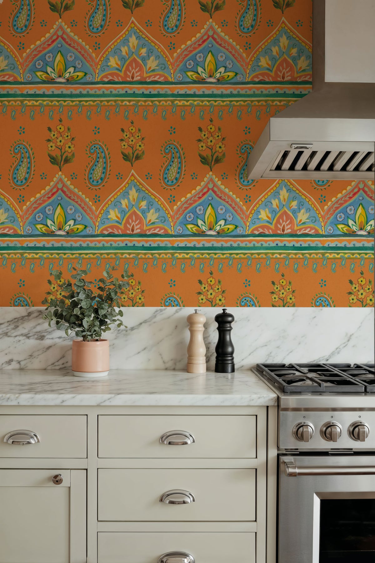 Floral Paisley Orange Mural Wallpaper - room preview 02