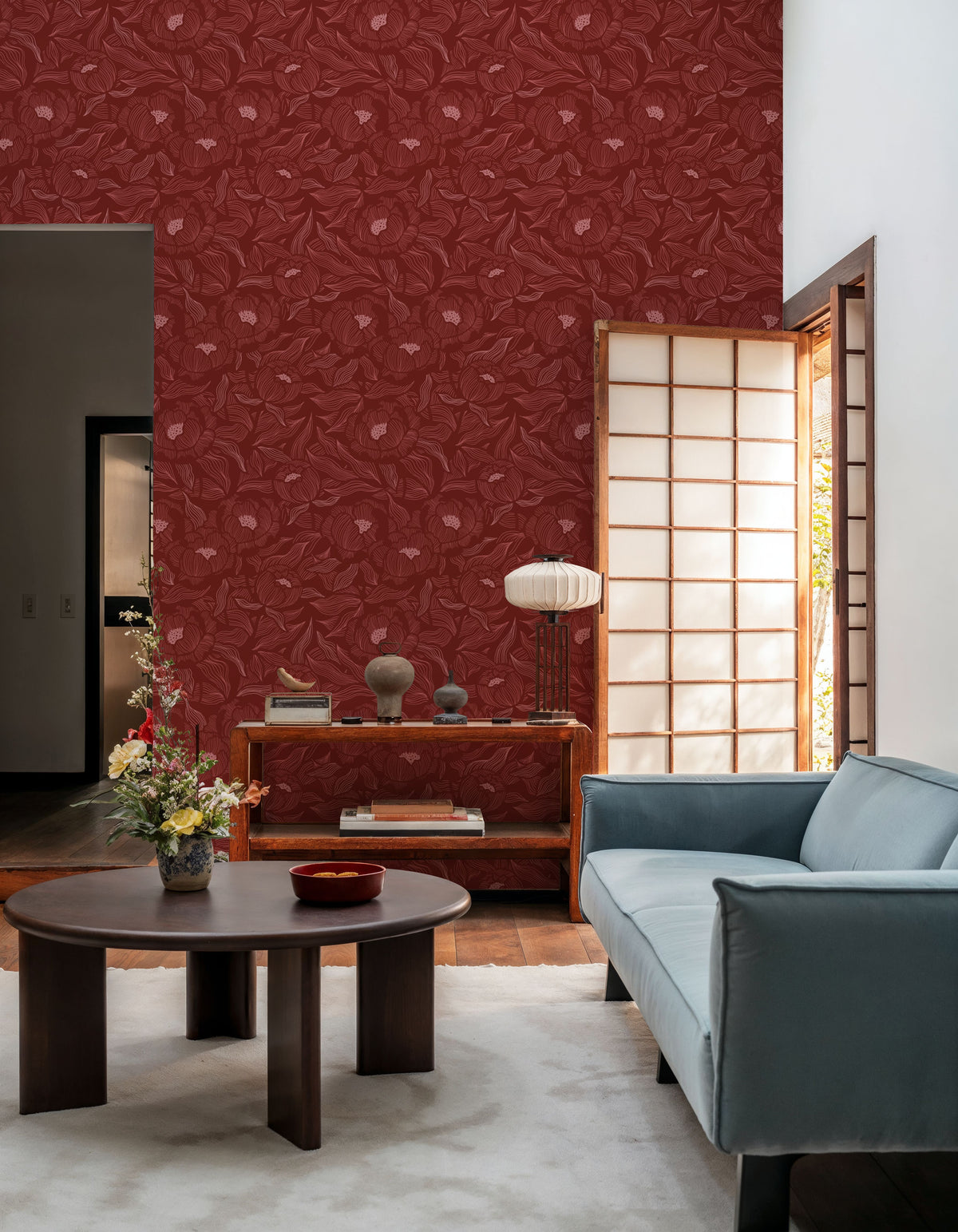 Hidden Peonies, Pink on Brick Mural Wallpaper - room preview 02